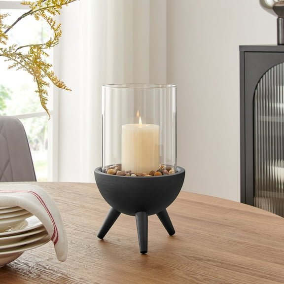 Danya B. Molta Modern Black Metal Bold Pedestal and Glass Pillar Hurricane Candle Holder - Large