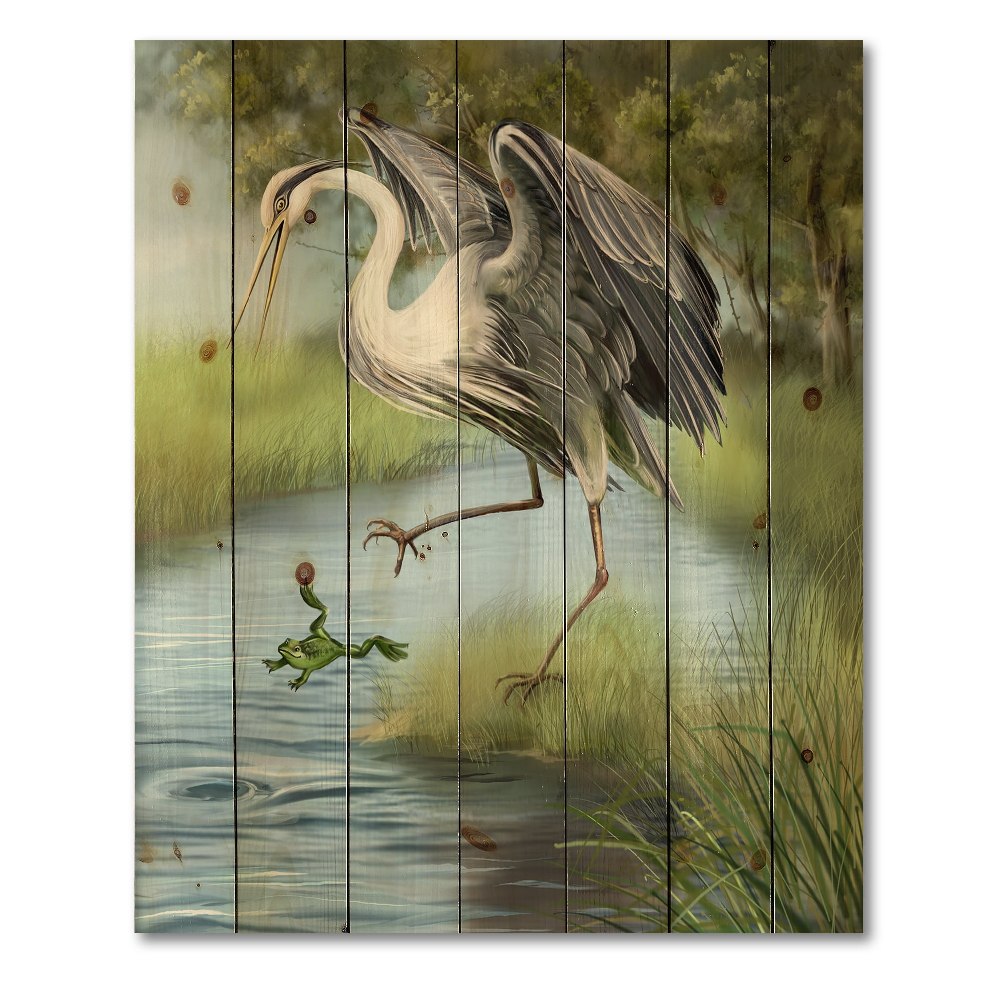 Designart 'Crane Hunting A Frog' Farmhouse Print on Natural Pine Wood