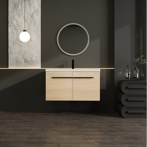 LEVISTAR 36-Inch Space-Saving Bathroom Vanity with Resin Countertop Sink, Solid Oak Double Door Cabinet & Adjustable Storage for Modern Compact Bathrooms
