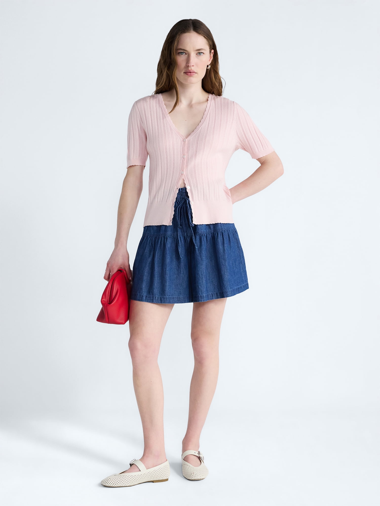 Free Assembly Women's Pointelle Cardigan Sweater with Short Sleeves, Lightweight, Sizes XS-XXL