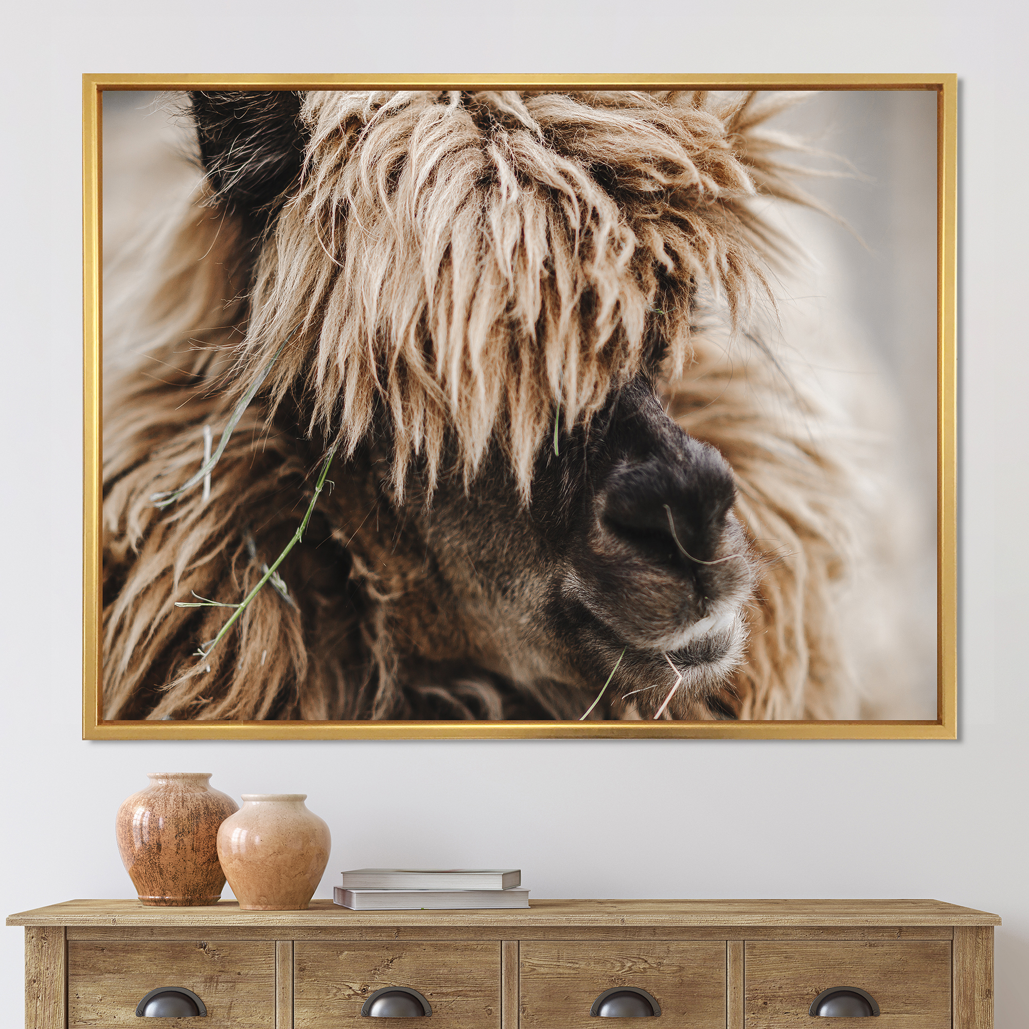 Designart 'Close Up Of Fluffy Curly Alpaca' Farmhouse Framed Canvas Wall Art Print