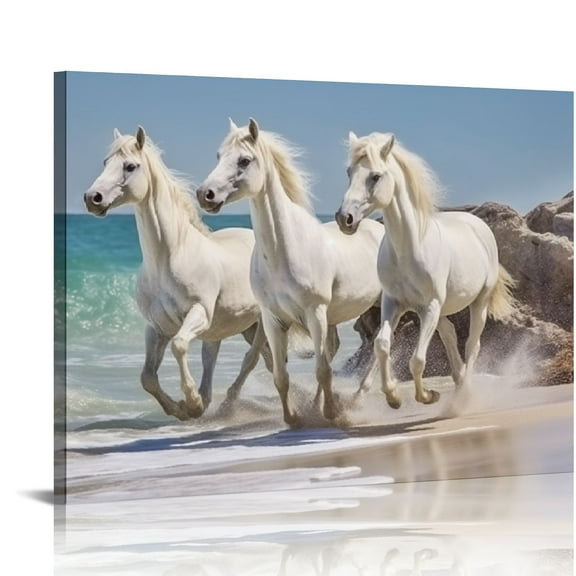 COMIO White Horse Wall Art Canvas: Western Animal Canvas Picture Running Wild Horses Painting Print Horizontal Beach Wildlife Artwork Decor for Bedroom Office Living Room