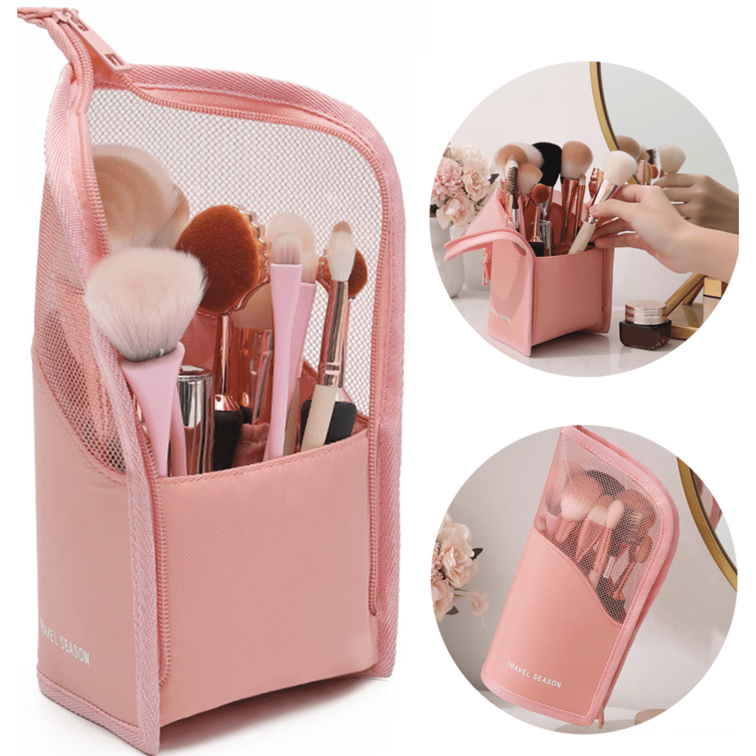 Marble Makeup Brush Holder Makeup Brush Case Organizer Travel Makeup Brush Pouch Stand-up Foldable Portable Makeup Artist Storage Bag for Women Pink 