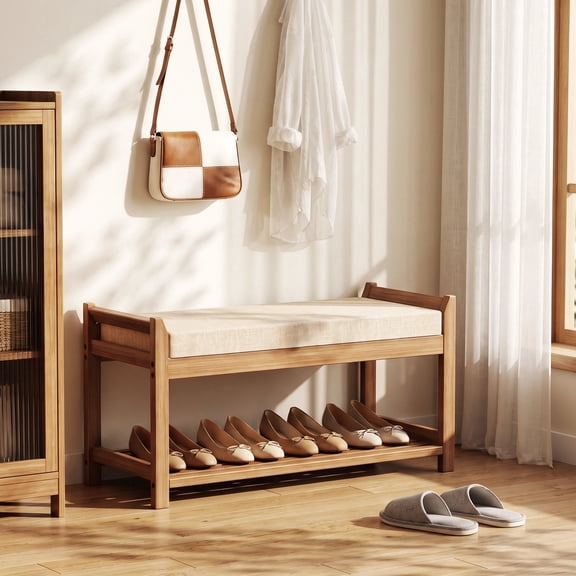 EVOKEDEN Bamboo Shoe Bench with Cushion, 3-Tier Shoe Rack Bench for Hallway, Living Room, Bedroom