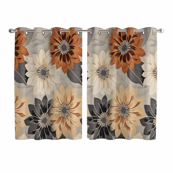 Burnt Orange Grey Black Flower Kitchen Curtains 72 Inch Length, Spring Floral Botanical Grommet Top Bedroom Living Room Curtains, Light Filtering Cafe Curtain Drapes 2 Panels Set 104''x72''