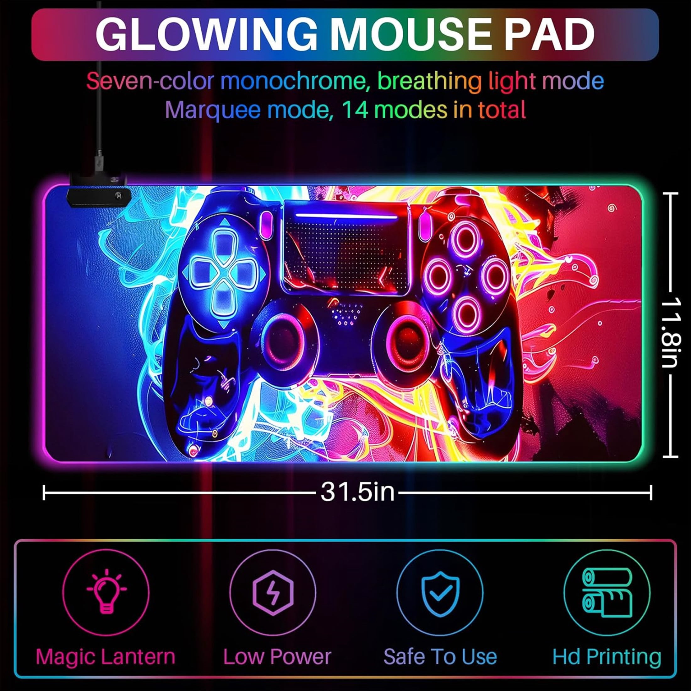 XL Led Gaming Mouse Pad with 14 Light Modes - Light Up Gamer Mouse Pad,31.5 x 11.8in Non-Slip Gamepad Style RGB Large Gamer Mousepad,Black Long Glowing Gaming Accessories for Desk,Waterproof