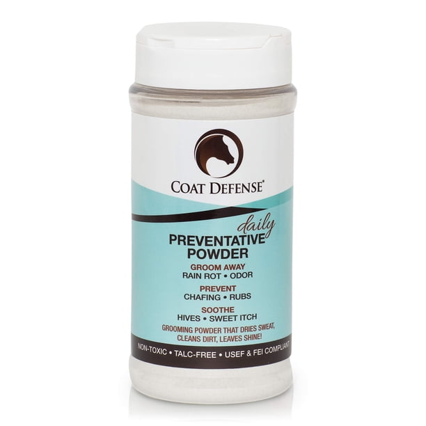 COAT DEFENSE Polvo preventivo diario para caballos - Acondicionador de piel equina seguro y eficaz Sweet Itch Skin Funk & Rain Rot - Champú seco para caballos Fórmula de 16 oz con todos los ingredient