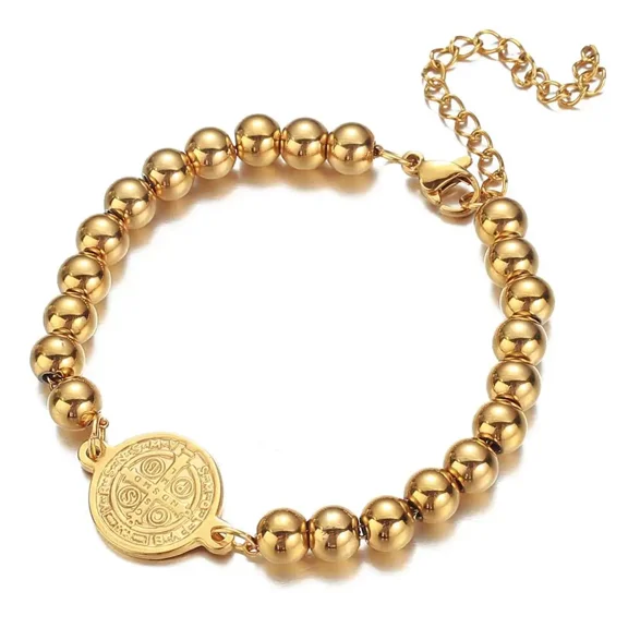Men's Hand Bracelet Male Golden Silver Color 14K Yellow Gold Bead Chain Saint Benedict Cross Charm Bracelets for Men Jewelry