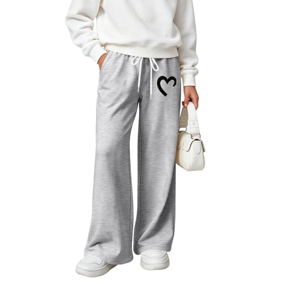 Qodauz Girls Wide Leg Sweatpants Warm Casual Athletic Pants Cute Print Sweat Pants with Pockets 5-15 Years