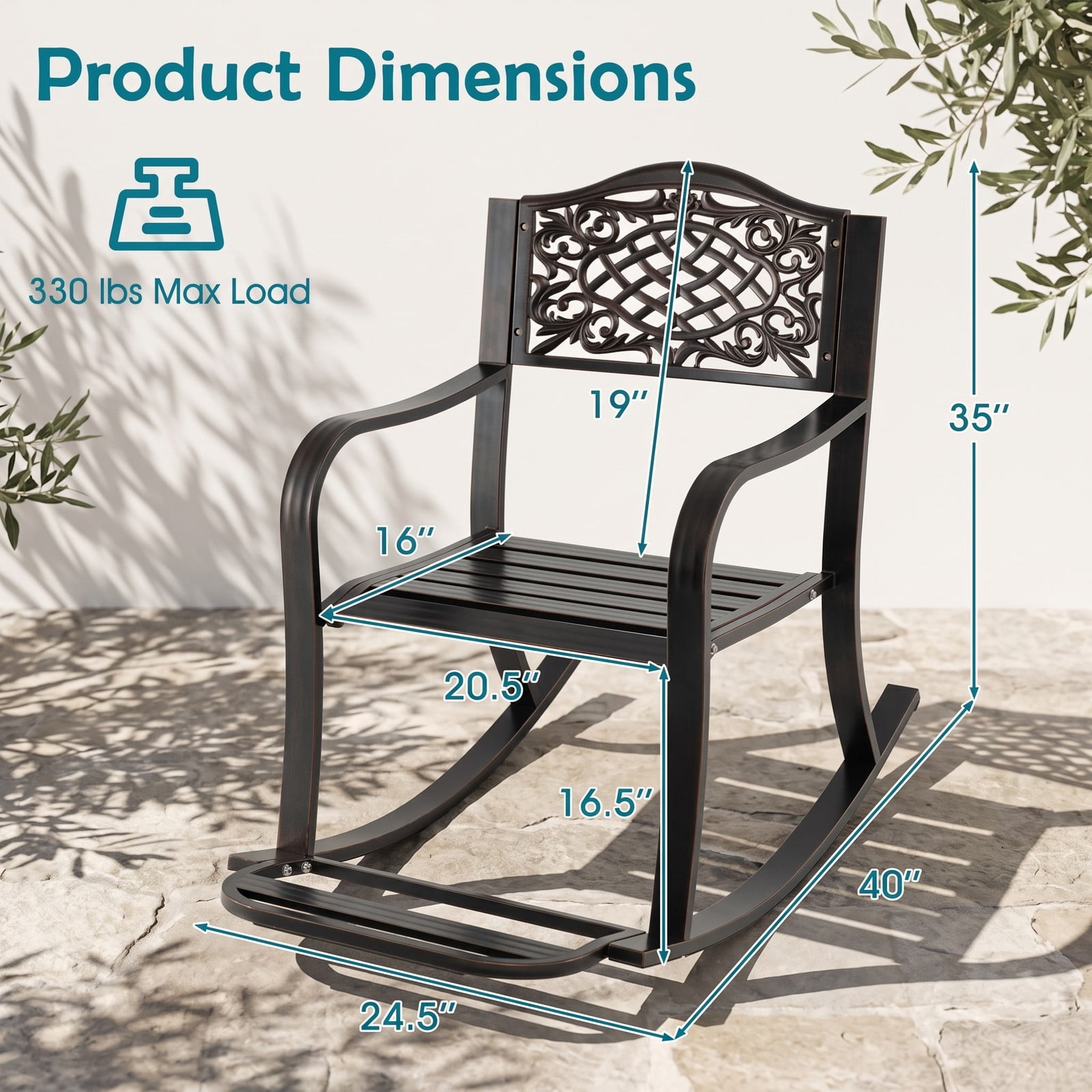 Furnibear Patio Rocking Chair with Cast Aluminum Frame, Floral Backrest and Curved Armrests for Backyard and Porch, Brown