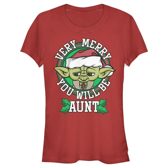 Junior's Star Wars Christmas Yoda Very Merry Aunt Graphic Tee Red Small