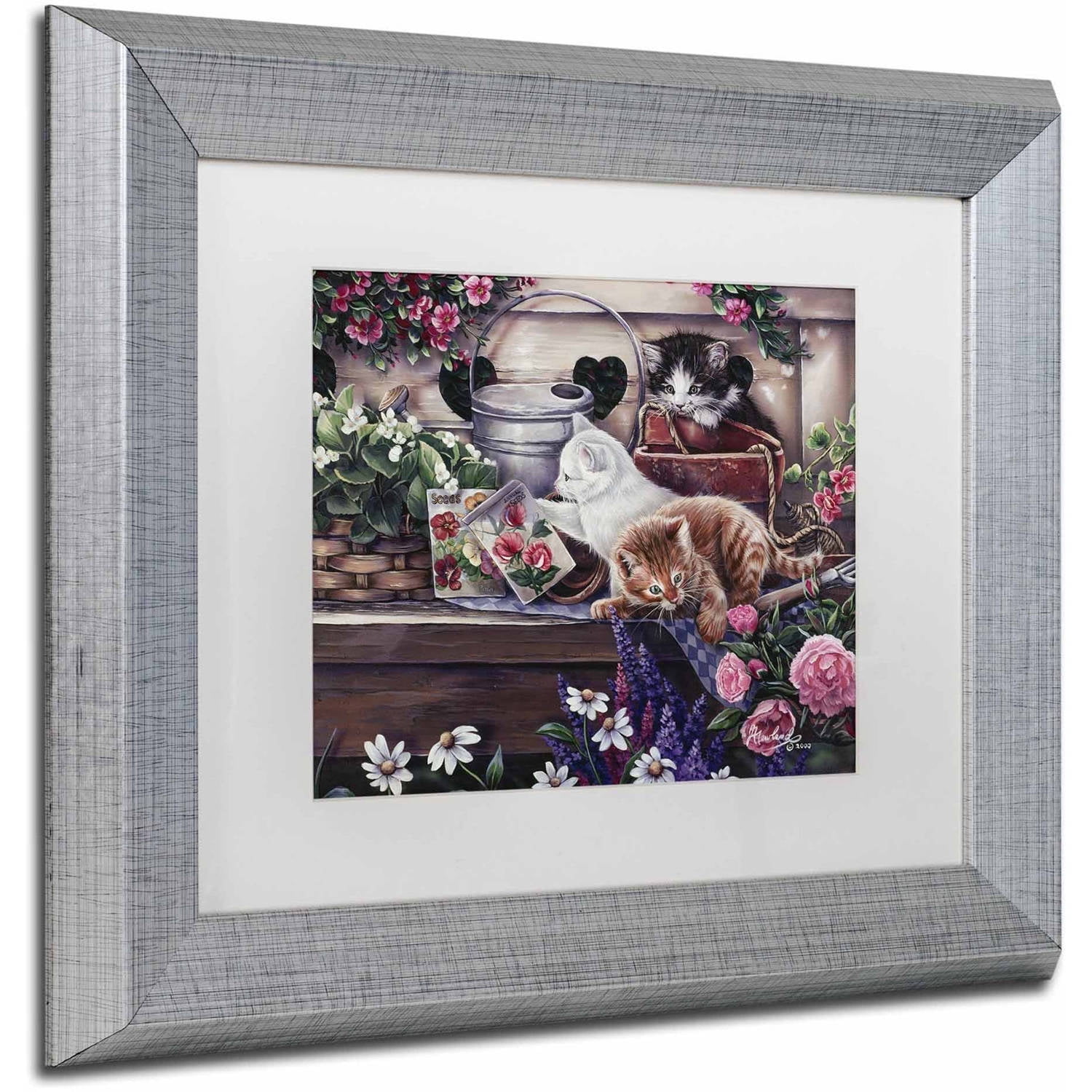 Trademark Fine Art 'Playful Kittens' Canvas Art by Jenny Newland, White Matte, Silver Frame