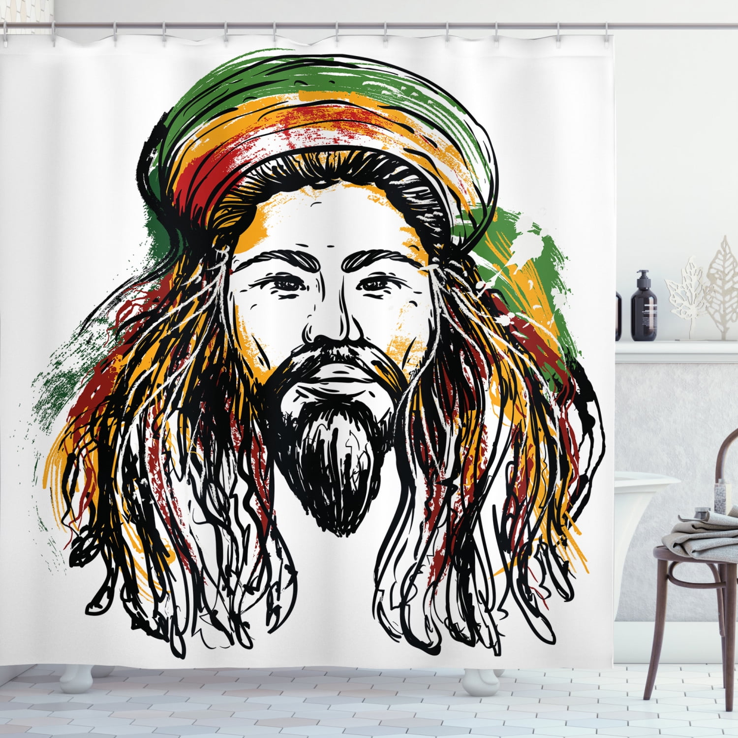 Rasta Shower Curtain, Rasta Man Jamaican Island Theme Reggae Folk