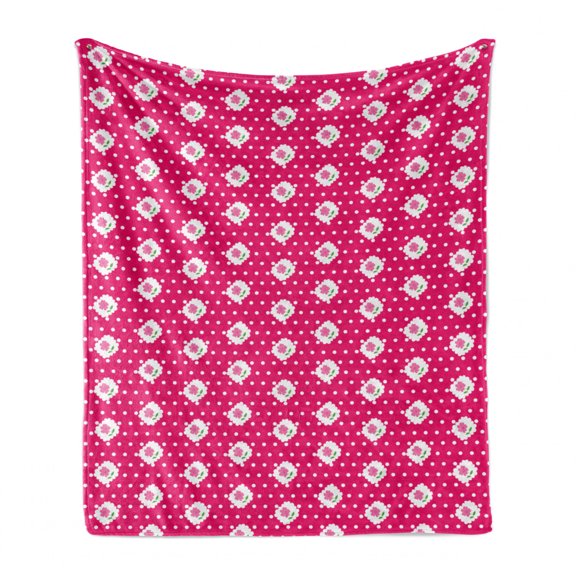 Romantic Soft Flannel Fleece Throw Blanket, Daisy Bouquets on Retro Polka Dots Romantic Design Spring Style Pattern, Cozy Plush for Indoor and Outdoor Use, 60" x 80", Magenta Pink White, by Ambesonne