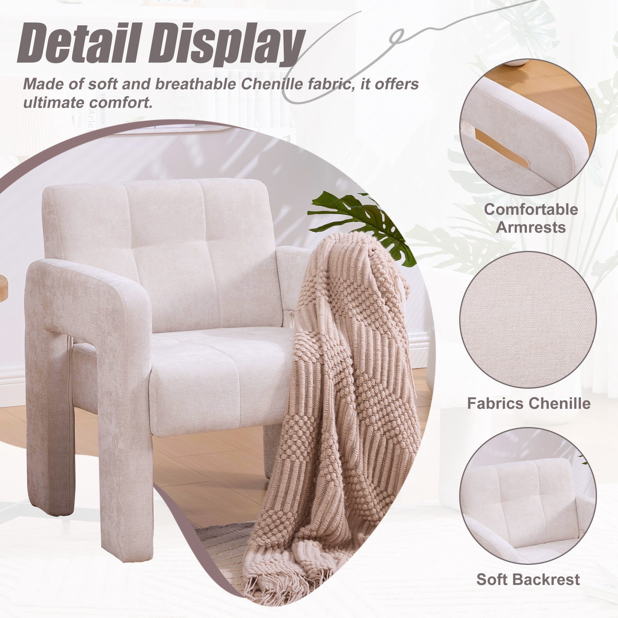 Sailvan Modern Minimalist Single Armchair,Soft Chenille Accent Chair for Living Room,Bedroom & Office,Comfy Nordic Reading Chair Beige