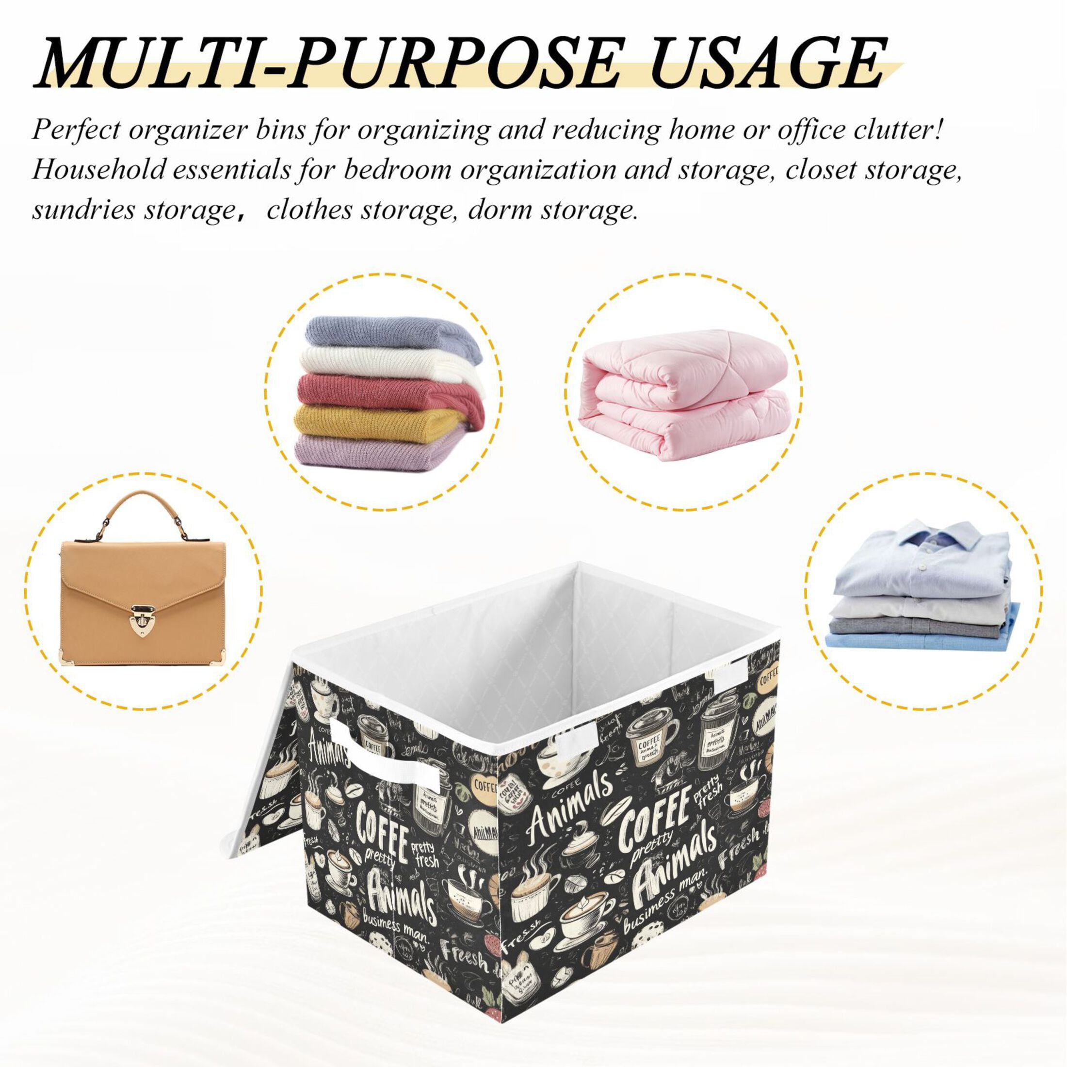 WOBOGO Coffee Picture Large Collapsible Storage Box Flip Lid Fabric Decorative Organizer Container Basket with Handles 16.5×12.6×11.8in