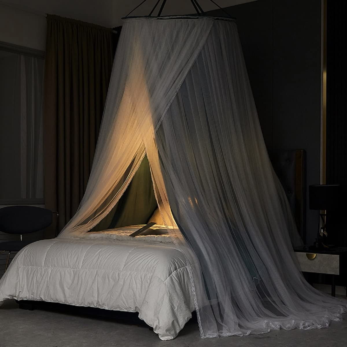 Luxurious Bed Canopy for Girls & Adults - Double Layer Princess Canopy with Lace, Round Dome Mosquito Netting for Queen/King Bed Tent (Peacock Blue)
