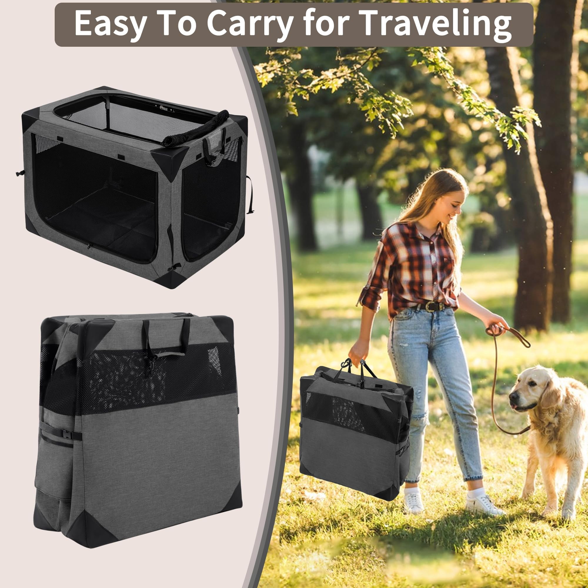 Dog Crates - 36 Inch Collapsible Soft Crate  3-door Foldable Kennel For Large Dogs Portable Pet Travel Cage With Chew Proof Mesh Window Indoors & Outdoors(dark Gray)