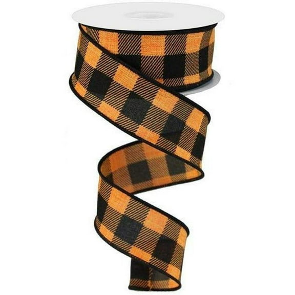 1.5" Striped Check on Royal Ribbon: Orange/Black (10 Yards)