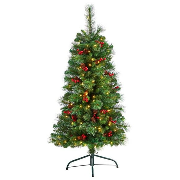 7 ft. Flat Back Montreal Mountain LED Artificial Christmas Tree with Pine Cones & Berries, Warm White