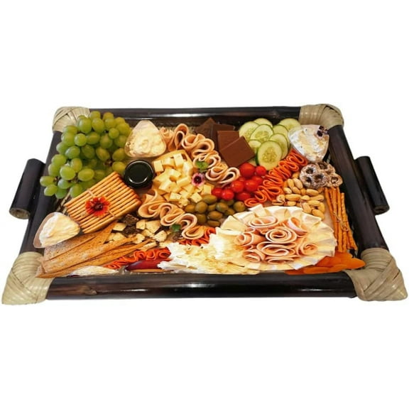 India Meets India Handmade Bamboo Serving Tray, Bamboo Kitchen Serving Tray w/ Strong Handles, Mid Century Barware Collection, Serving Tray for The Tastiest & Healthier Platters, 16.5 x 10.5 in