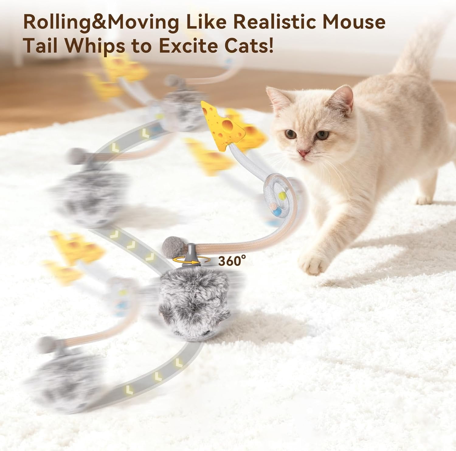 Interactive MigiMouse   360? Rolling & Spin with Wiggling Tail for Indoor Cats  Motion Sensor, Realistic Squeak, Rechargeable Plush Kitten (Grey Long)