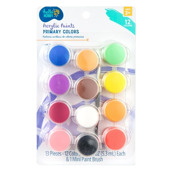Hello Hobby Acrylic Paint Strips & Paintbrush, Includes 12 Paints In Resealable Containers & Mini Paintbrush, Primary or Neon Colors
