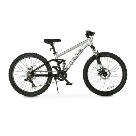 ozark trail 24" fs.1 epictrail full suspension mountain bike, for teens and adults, heights between 4'6"-5'6", silver