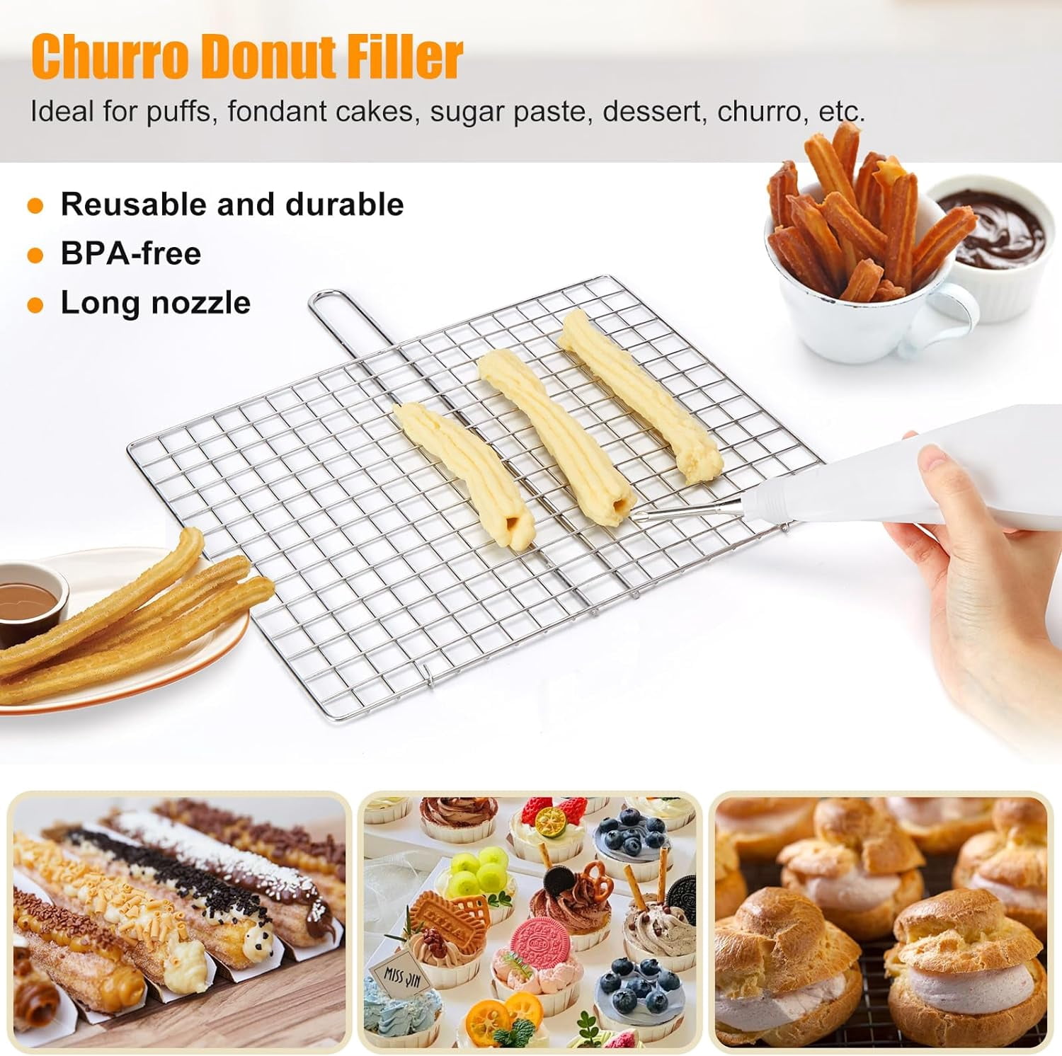 PAHTTO Cookie Presses, Stainless Steel Churros Gun Kit with Piping Bag, Churro Filler, 6 Piping Nozzles, 9 Cookie Discs, 2 brushes
