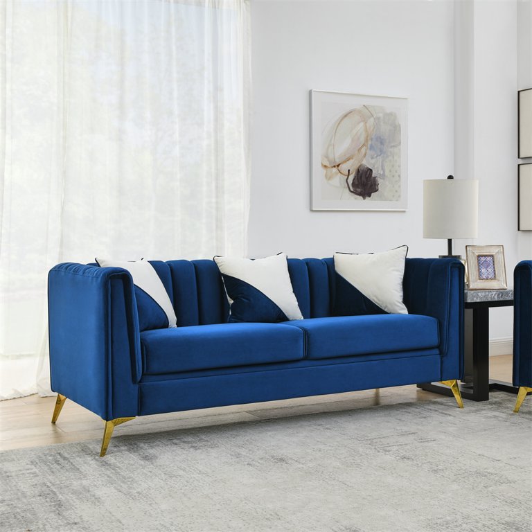 80.3 Modern Sofa Couch Upholstered Sofa Tufted Back Comfy Velvet Long Couch with 2 Pillows and Golden Legs for Living Room, Bedroom, Office, Apartmen