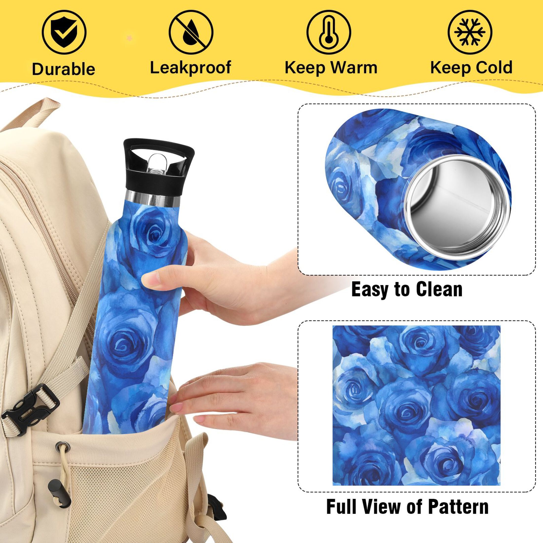 600ML Stainless Steel Insulated Cup Sports Water Bottle Portable Thermos Cup Water Glasses Insulated Tumblers Convenient and Durable Cartoon Blue Roses