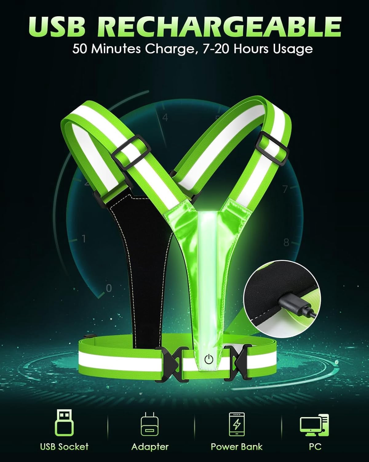 LED Reflective Vest Running Gear, 5 Lights Colors High Visibility Reflective Running Gear Rechargeable Light Up Running Vest for Walking Running Cycling, Adjustable for Men Women Kids (2 pack)
