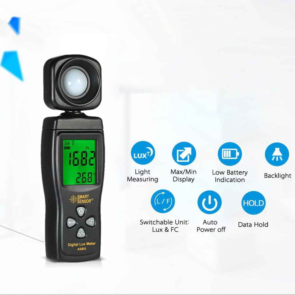 1-200,000 Lux Measurement Tool AS813 Easy to Operate and Hold High Precision Digital Lux Meter Light Meter Luminance Tester Photometer Range 