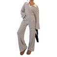 thumbnail image 3 of Women'S Striped 2 Piece Lounge Set Casual Long Sleeve T-Shirt Wide Leg Pants Matching Outfits Set Brown XXL, 3 of 9
