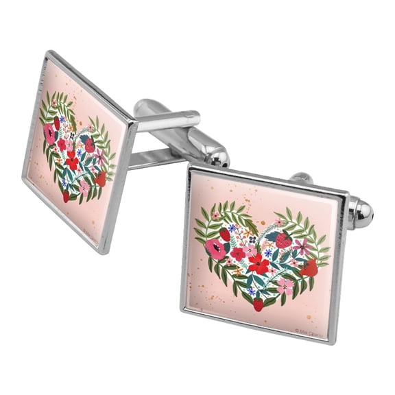 Flower Heart Love Valentines Day Square Cufflink Set - Silver or Gold