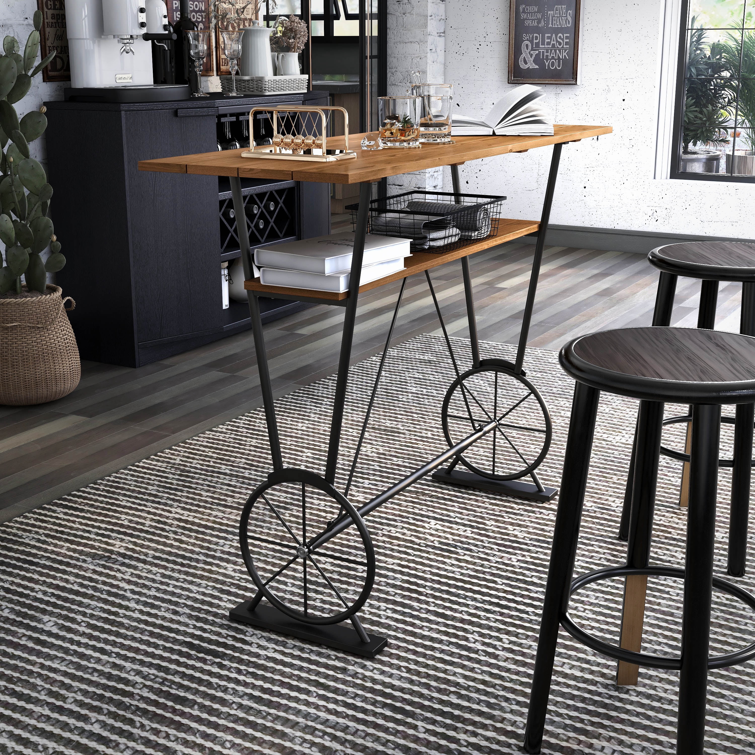 Lodz 1-Shelf Metal Bar Table, Warm Oak and Black
