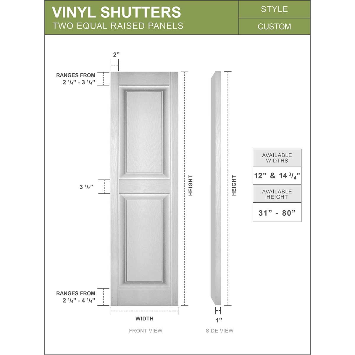 Ekena Millwork 12"W x 58"H Mid-America Vinyl, TailorMade Two Equal Panels, Raised Panel Shutters, w/Installation Shutter-Lok's (Per Pair), 117 - Bright White