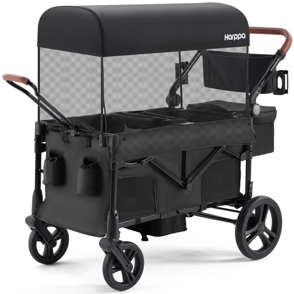 HARPPA Foldable Wagon Stroller for 2 Toddlers with Pull & Push Handle, Canopy, 32.9lbs, Black