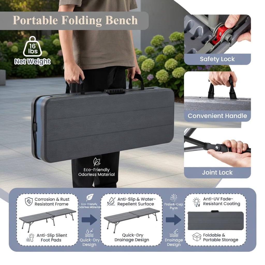 Hommoo 6-Foot Heavy-Duty Folding HDPE Picnic Bench, Compact Foldable Design with Locking Handle & Middle Safety Lock, Gray
