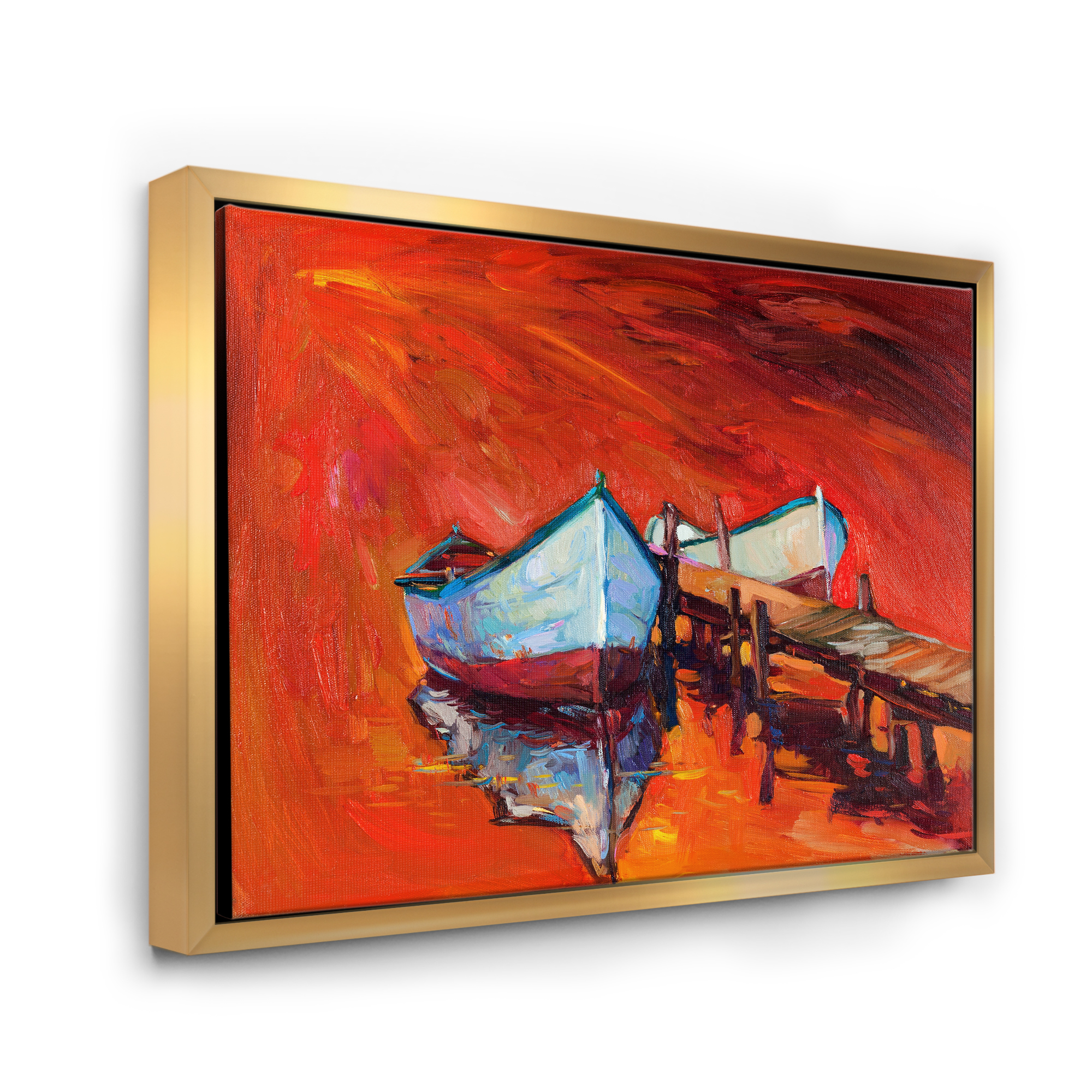 Boats Near Coastal Town Resting On The Water IV 32 in x 16 in Framed Painting Canvas Art Print, by Designart