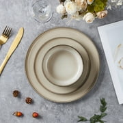 Vesteel Dinnerware Sets for 4, 12-Piece Stoneware Dish and Bowls Set, Handmade Reactive Glaze Coupe Plates Set for Family, Chip & Scratch Resistant - Khaki
