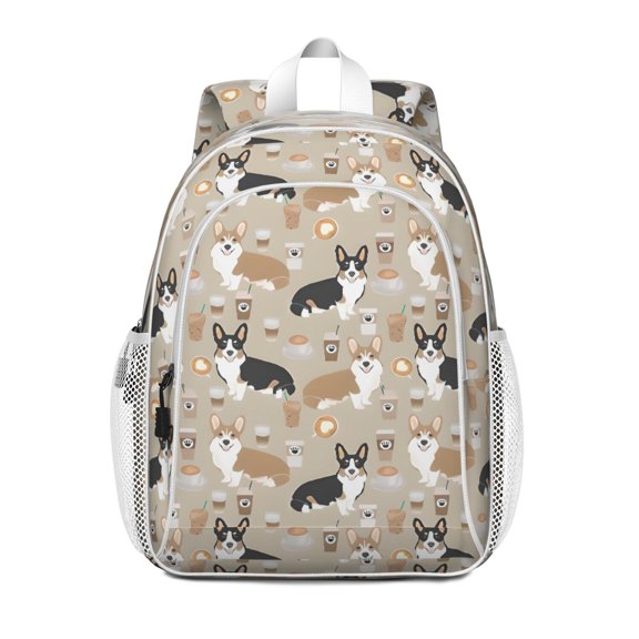 Cartoon Corgi and Coffee Backpack for School,Cute School Bag,Schoolbag with Adjustable Shoulder Straps & Padded Back,15"x11.42"x5.5"