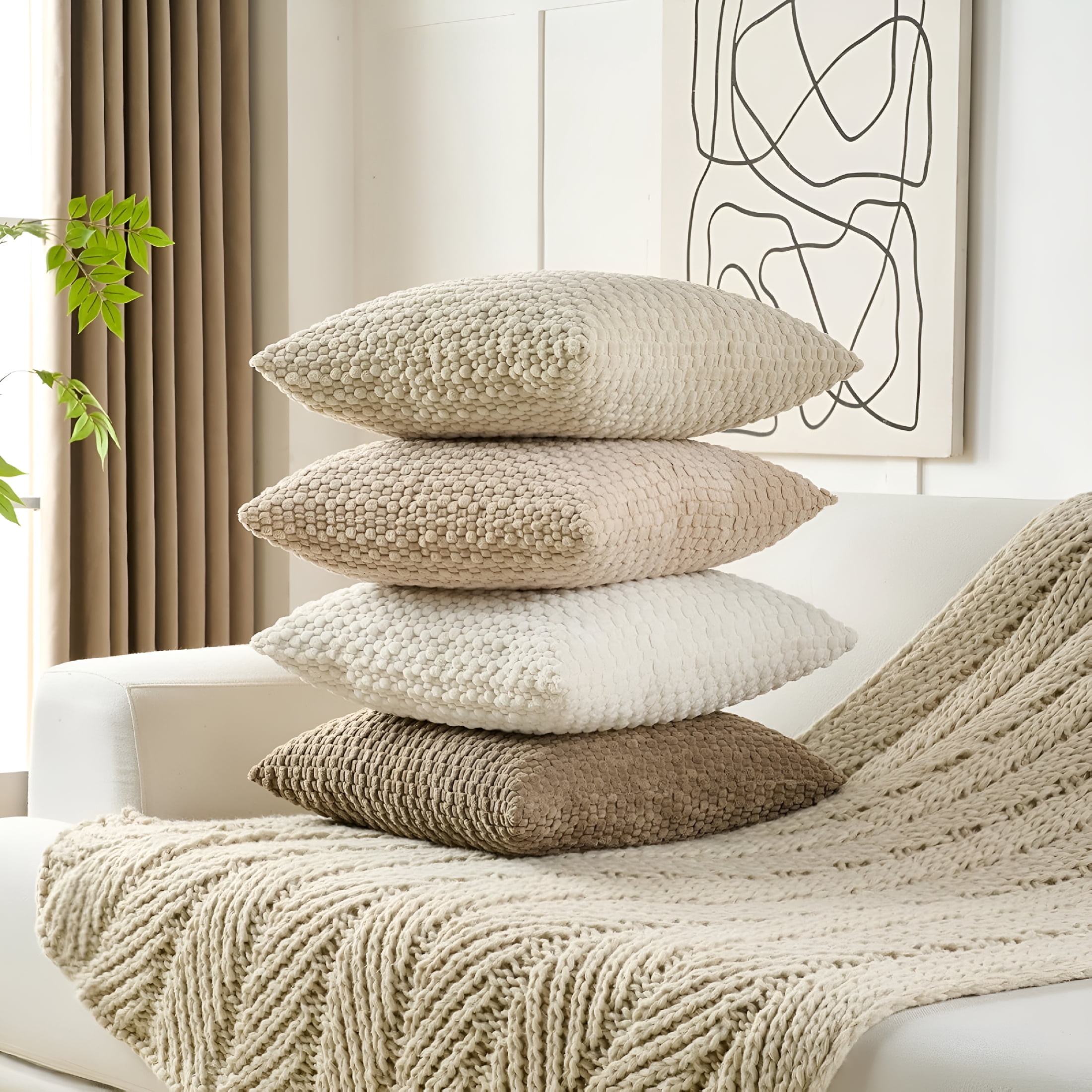 AUQ Throw Pillow Covers 18X18 Set of 4,Super Soft Boho Corduroy Decorative Cushion Cases,Solid Color Plush Texture Pillow Covers for Sofa Couch Chair,Beige Brown Pillow Cases 18X18