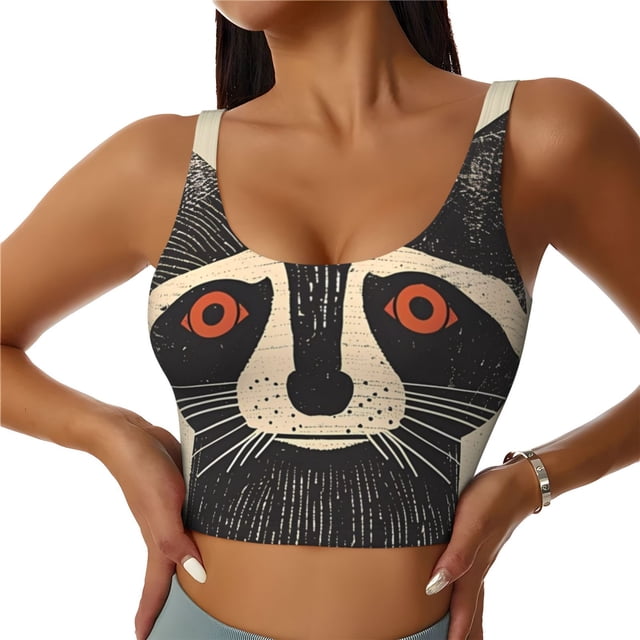 Fotbe Retro Raccoon Graphic Print Sujetador Deportivo Largo sin Aros para Mujer con Almohadillas y Soporte Medio, Transpirable y Absorbente, Camiseta Tipo Chaleco o Tank Top-Medium
