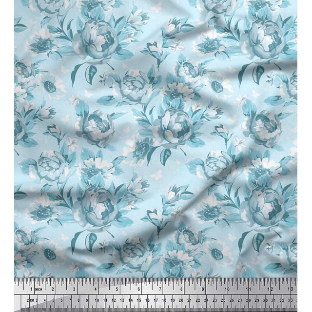 Soimoi Blue polyester Crepe Fabric Leaves & Floral Print Sewing Fabric BTY 42 Inch Wide