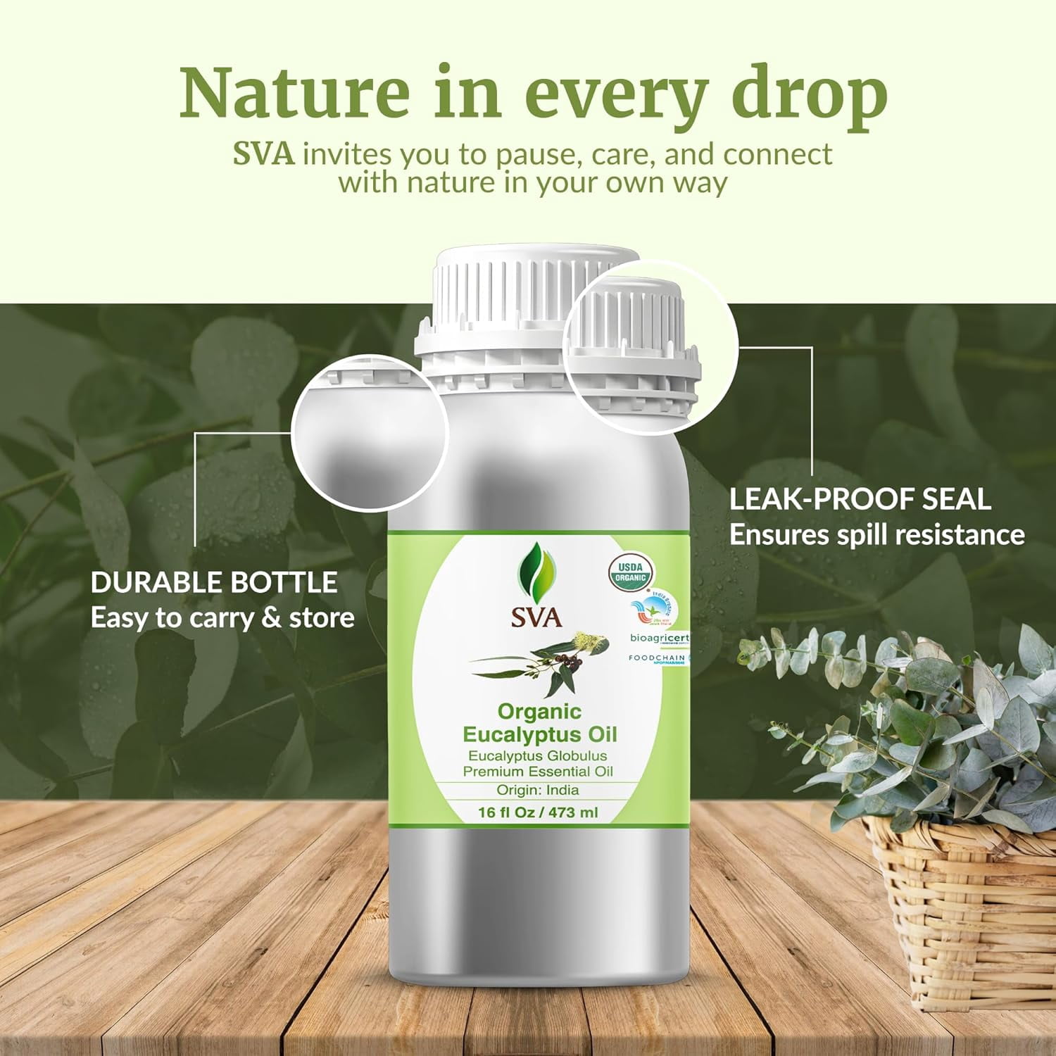 SVA Eucalyptus Essential Oil Organic – 16 Fl Oz – 100% Natural Organic Eucalyptus Oil for Hair, Face, Skin Care, Diffuser, Aromatherapy, Scalp, Body Massage, Soap and Candle Making