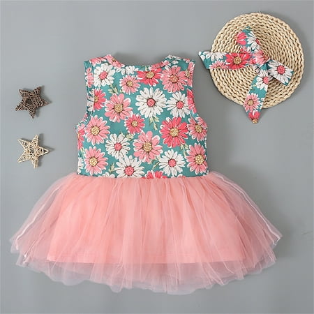 

PEASKJP Formal Dresses Girls Toddler Girls Dress Sleeveless Floral Floral Bowknot Chiffon Pageant Dress Vintage Ruffled Casual Dresses for Girls Pink 12 Months