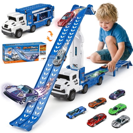 Huge Wave 2-in-1 Toddler Truck Race Track Toys, Transporter Truck Toy Track Set, 6 Die-Cast Race Car Toys, Christmas Toy Gifts for Aged 3-8 Boys(Blue)