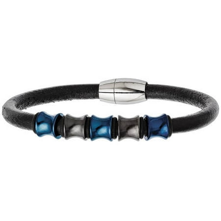 Primal Steel Stainless Steel Blue and Black IP-Plated Black Leather Bracelet, 8.75