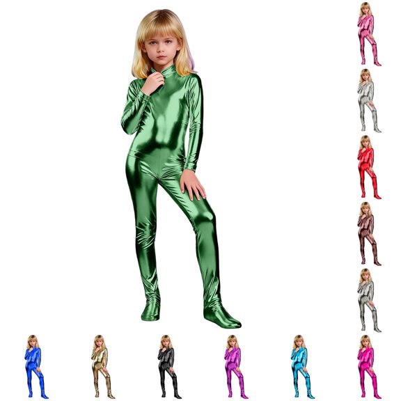 Ticikt Girls Metallic Shiny Unitard, High Neck Long Sleeve Footed Bodysuit, Back Zipper Full Body Jumpsuit for Stage Performance Halloween Cosplay,Green